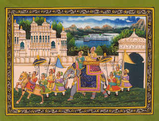 Indien 2005 - Udaipur - Miniatur-Seidenmalerei nach alten Vorlagen. Dank überlieferter Maltechnik vom Orginal fast nicht zu unterscheiden.