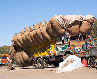 Indien 2005 - Jagat nach Udaipur - Solche Beladungen sind keine Seltenheit und gelten nach indischem Standard als gerade mal voll.