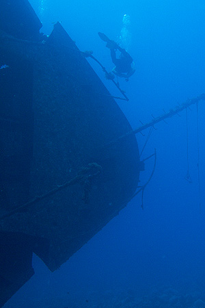 Ägypten 2006 - Safaga - Wrack der Salem Express - Die bei der Kollision aufgesprungene Bugklappe und die fehlenden Schotten im Car-Deck haben das schnelle Sinken begünstigt.